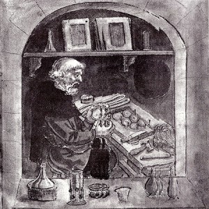 Der Glaser in einer Darstellung aus dem 16. Jahrhundert - er fabriziert grade eine Butzenscheibe.